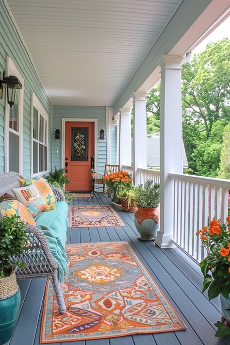 Boho Front Porch, Patriotic Porch Decor, Patriotic Porch, Summer Front Porch Decor, Mission House, Front Porch Decor Ideas, Porch Styles, Side Yard Landscaping, Summer Front Porches