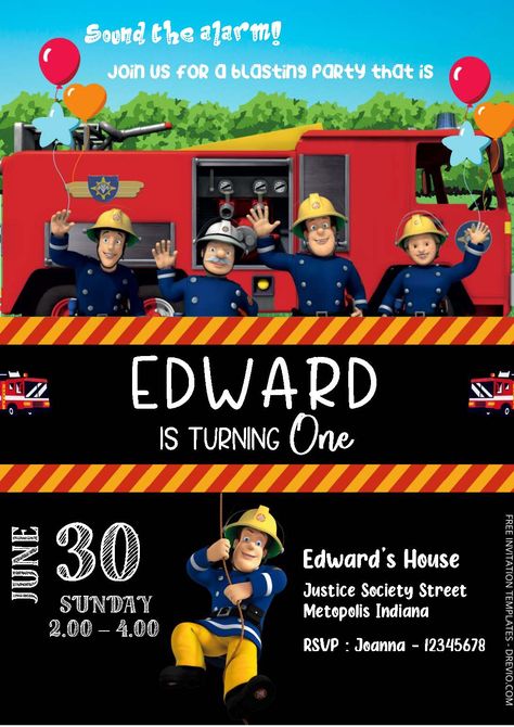 Download Now Free Editable Word - Fireman Sam Birthday Invitation Templates If your child is a fan of Fireman Sam and dreams of becoming a brave firefighter, why not throw them a thrilling Fireman Sam-themed birthday party? With a bit of creativity and planning, you can trans... Fireman Birthday Party Invitations, Fireman Sam Birthday Party, Fireman Birthday Party, 1st Birthday Invitation Template, Fireman Birthday, Firefighter Birthday, Fireman Sam, Free Printable Birthday Invitations, Free Invitation Templates