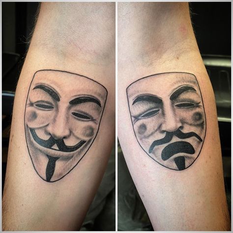 Little guy fawkes comedy and tragedy masks! Thanks again @timmyten518 #tattoo #tattooer #guyswithink #girlswithink... Guy Fawkes Tattoo, Fawkes Tattoo, Masks Tattoo, Comedy Tragedy Masks, Guy Fawkes Mask, Anonymous Mask, Tatted Men, Tragedy Mask, Comedy And Tragedy