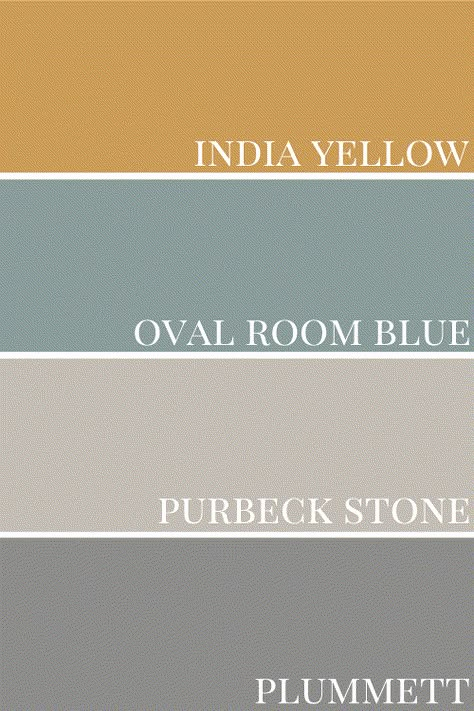 Farrow & Ball India Yellow Colour Review by Claire Jefford Plummett Farrow And Ball Living Rooms, Blue And Stone Living Room, Yellow And Blue Hallway, Purbeck Stone Living Room, Oval Blue Farrow And Ball, Oval Room Blue Colour Palette, Farrow And Ball Oval Room Blue Bedroom, Colors That Go Well With Yellow, Purbeck Stone Bedroom