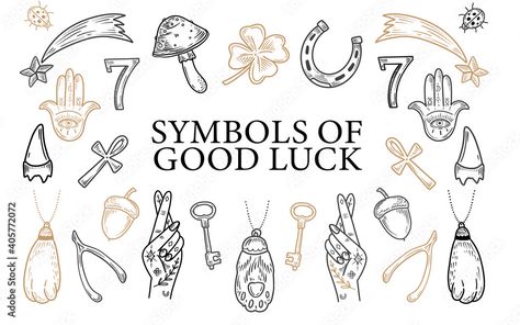 Charms of Good Luck. Hand drawn doodle Lucky symbols set. Luck symbols of wealth elements Ladybug Clover Horseshoe Wishbone. symbols of luck Stock Vector | Adobe Stock Good Luck Charms Symbols, Symbols Of Wealth, Symbols Of Luck, Luck Symbols, Charm Tattoo, Luck Tattoo, Good Luck Clover, Good Luck Symbols, Lucky Symbols