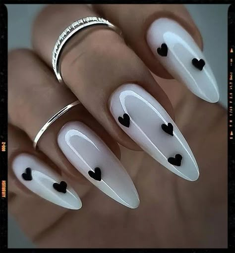 White Chrome Nails, Easy Nail Art Designs, Nails Pastel, Heart Nail Designs, Milky Nails, Basic Nails, Black Hearts, Acrylic Nails Coffin Pink, Silver Nails