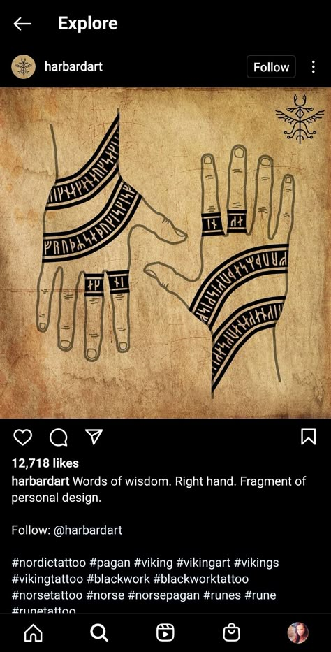 Norse Stomach Tattoo, Viking Tattoos Hand, Viking Patchwork Tattoo, Norse Traditional Tattoo, Norse Hand Tattoos For Guys, Rune Band Tattoo, Nordic Hand Tattoos For Guys, Runestone Tattoo, Baldr Tattoos