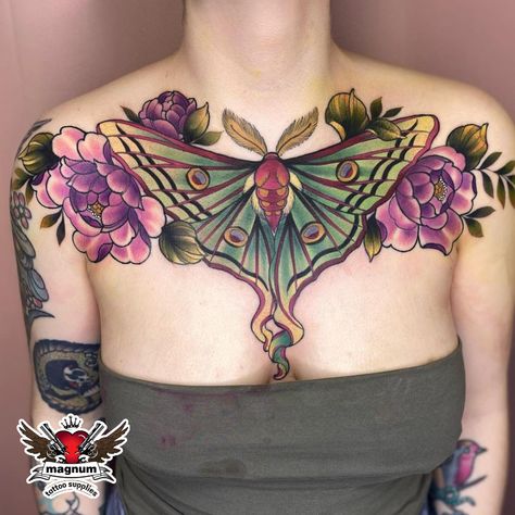 Neotrad Chest Tattoo, Colourful Chest Tattoo, Colorful Chest Tattoos For Women, Chest Pieces Tattoo, Moth Tattoo Chest Woman, Nature Chest Tattoo Female, Moth Chest Piece, Neotraditional Chest Piece, Neo Traditional Chest Tattoo Female