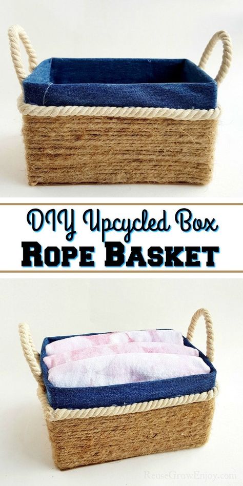 Don't toss those boxes out! I will show you how to make this cute farm style look for less. It is an upcycled box rope basket! Diy Rope Design, Jean Patches, Cardboard Diy, Diy Rope Basket, Rope Projects, Rope Diy, Diy Storage Boxes, Green Craft, Úložný Box