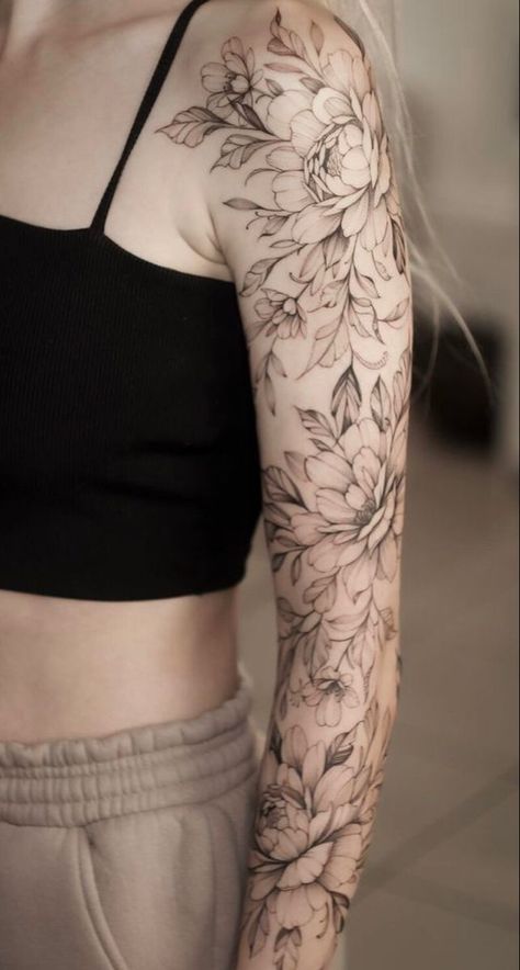 Floral tattoo sleeve Tattoo Brazo Mujer, Floral Arm Tattoo, Shoulder Sleeve Tattoos, Arm Sleeve Tattoos For Women, Floral Tattoo Shoulder, Filigree Tattoo, Feminine Tattoo Sleeves, Full Arm Tattoos, Beautiful Flower Tattoos