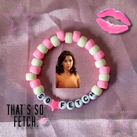 y2k kandi mean girls inspired “that is so fetch”🎀... - Depop Mean Girls Bracelets, Tv Girl Bracelet Ykwtfm Aikwtl, Kandi Monster High, Pink Kandi, Dirty Kandi Bracelets, Gir Bracelet Kandi, Silly Crafts, Cute Kawi Kandi Bracelets, Kandi Inspiration