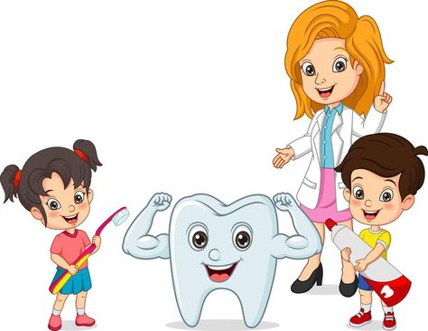 Cartoon little children with dentist and strong tooth Dentist Clipart, Dentist Cartoon, Dental Wallpaper, Kids Dentist, Stronger Teeth, The Cartoon, Dental Clinic, Vector Art, Vector Free