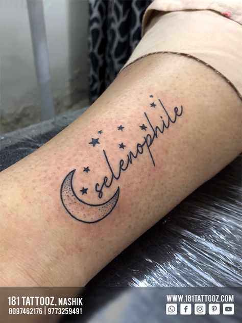 The word "Selenophile" clearly states the Love for Moon... Minimalist scripting tattoo with Moon and stars on ankle. For more such meaningful tattoos visit @181_tattooz_studio and Get your Tattoo Customized For more details visit our website www.181tattooz.com  Or contact us on 8097462176 / 9773259491 Unique Moon Tattoo, Tattoo With Moon, Moon Child Tattoo, Moon And Stars Tattoo, Child Tattoo, Moon Minimalist, Stars Tattoo, Tattoos For Daughters, Name Tattoos