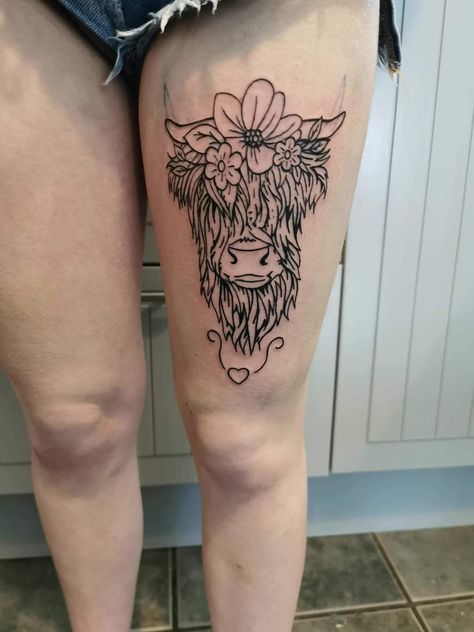 Scottish Highland Cow Tattoo, Hyland Cow Tattoo, Fluffy Cow Tattoo, Highland Cow Tattoo, Scotland Tattoo, Calf Tattoos For Women, Upper Thigh Tattoos, Tattoo 2023, Highland Coo