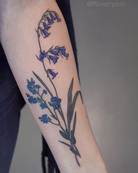 Bluebells and forget me not tattoo on the forearm Olga Nekrasova, Bluebells Flower Tattoo, Bluebells Flower, Bluebell Tattoo, Flower Tattoo Sleeve Men, Herb Tattoo, Forget Me Not Tattoo, Flower Tattoo Meanings, Flower Tattoo Drawings