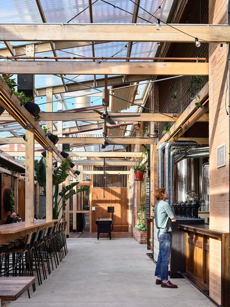 » Stomping Ground Brewery by studio Y & PlaceFormSpace Brewery Design, Beer Hall, Timber Beams, Factory Lighting, Unique Light Fixtures, Lighting Concepts, Adaptive Reuse, Beer Garden, Inner City