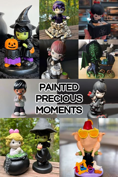 Precious Moments Paintings, Repurposed Ceramic Figurines, Precious Moments Repurposed, Painted Thrift Store Figurines, Goth Precious Moments, Precious Moments Redo, Halloween Precious Moments, Repainting Ceramic Figurines, Repainted Thrift Store Figurines