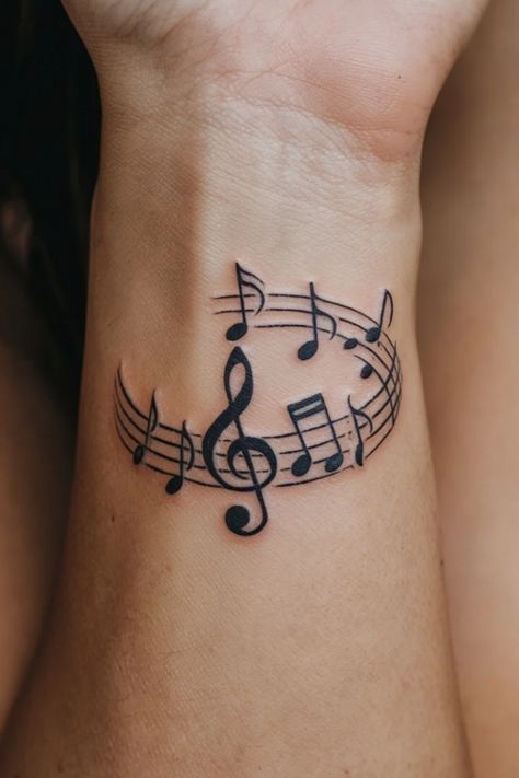 Musical notes and treble clef tattoo on a forearm. Music Tattoo Designs For Women Unique, Music Themed Tattoos, Music Wrist Tattoos, Small Wrist Tattoo Ideas, Music Lover Tattoo, Small Wrist Tattoo, Wrist Tattoo Ideas, Music Note Tattoo, Music Tattoo Designs