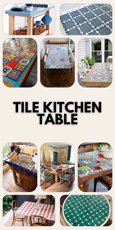 Transform Your Space with Stylish Tile Kitchen Table Makeovers Tile Kitchen Table, Top Table Kitchen, Spanish Style Tile, Blue Kitchen Tiles, Top Kitchen Table, Tile Top Tables, Tile Refinishing, Kitchen Island Tops, Dining Table Makeover