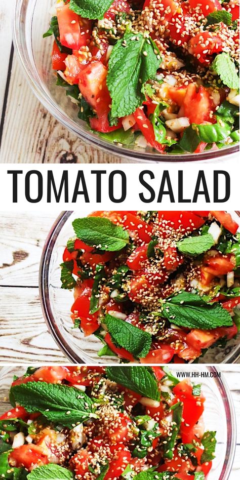 Fresh Tomato Salad With Mint - Her Highness, Hungry Me Tomato Side Dish, Side Dish Salad, Tomato Side Dishes, Delicious Healthy Salads, Salad With Mint, Dairy Free Salads, Tomatoes On Toast, Cherry Tomato Salad, Tomato Salad Recipes