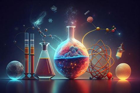 Science background illustration, scientific design. Flasks, glass and chemistry, physics elements. Generative AI 22006596 Stock Photo at Vecteezy Chemistry Aesthetic Wallpaper Laptop, Science Background Landscape, Chemistry Wallpaper Backgrounds, Chemistry Aesthetic, Chemistry Posters, Scientific Design, Chemistry Art, Science Background, Physical Chemistry