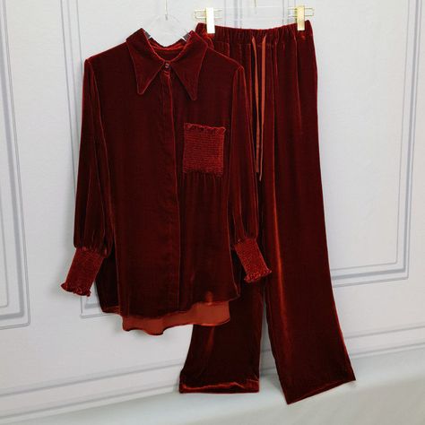 #silk #velvet #outfits #pants #shirt #red #wine #ideas #fashion #inspiration Velvet Outfits, Wine Ideas, Velvet Dress Designs, Fashion Top Outfits, Velvet Clothes, Velvet Trousers, Velvet Shirt, Stylish Dresses For Girls, Fashion Top