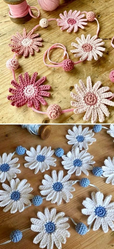 Crochet Flower Rug Pattern Free, Crochet Flowers For Headbands, Crochet Flower Color Combinations, Crochet Birth Month Flowers, Crochet Daisy Applique Free Pattern, Crochet Floral Garland Free Pattern, Crochet Spring Garland Free Pattern, Crochet Daisies Free Pattern, Crochet Daisy Garland Pattern Free