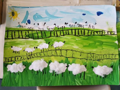 This art activity helped me explain distance perspective to my class of five year olds. DAY ONE They painted the background. DAY TWO Glue different sized sheep into correct fields, add "wool" to nearby (large) sheep and draw legs, heads and tails. Add a sun too if you like. Sheep In A Field, Wine Glass Tags, Sheep Art, Dinner Party Themes, Heads And Tails, Farm Art, Perspective Art, Art Activity, Kindergarten Art