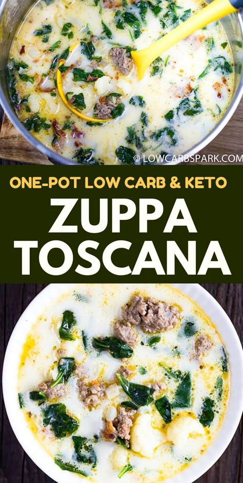 Low Carb Tuscan Zuppa Soup, Zuppa Toscana Soup Crockpot Keto, Thm Zuppa Toscana Soup, Italian Zuppa Toscana, Italian Wedding Soup Keto, Kept Soup Recipes, Keto Sausage Spinach Soup, Keto Tuscan Soup Recipes, Zuppa Toscana Soup Healthier