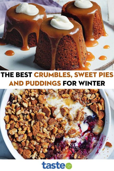 Staying in on a chilly night and craving a sweet treat? These warming desserts are guaranteed to impress any crowd, leaving them happy and full. From apple crumble to sticky date pudding, and rice pudding to lemon meringue pie, we have every dessert you’ll be wanting to bake this winter. Winter Puddings Desserts, Winter Desserts For A Crowd, Warm Desserts Winter, Eid Treats, Apple And Berry Crumble, Aussie Recipes, Sticky Date, Fruit Pudding, Sticky Date Pudding