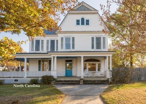 Hall Wainscoting, Carolina Homes, Central Hall, Blue Shutters, Old Houses For Sale, North Carolina Homes, Lakefront Homes, Wrap Around Porch, Clawfoot Tub