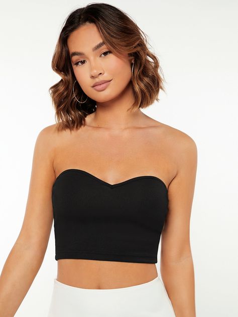 SHEIN BASICS Solid Sweetheart Neck Crop Tube Top Shein Basics, Crop Tube Top, Chunky Cardigan, Fringe Jacket, Cropped Tube Top, Sweetheart Neck, Women Tops, Tube Top, Pretty Outfits