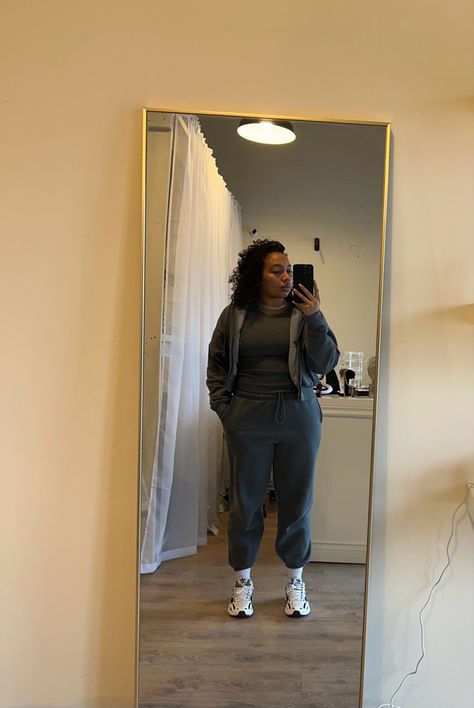 Aritzia grey tracksuit, sweatsuit, adidias, new balance, stacked jewelry, comfy sweatsuit, crew socks Grey Tracksuit, Stacked Jewelry, Daily Outfits, Crew Socks, Work Outfit, New Balance, Socks, My Style, Grey