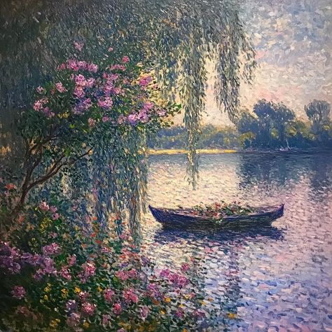 This exquisite artwork, reminiscent of Claude Monet's enchanting style, captures the essence of tranquility and beauty found in nature. Featuring a serene river scene, the piece showcases a delicate balance of vibrant florals and a serene boat floating gently atop shimmering waters. The use of soft blues and pinks evokes a calming atmosphere, making it an ideal addition to any home decor, art collection, or office space. As you gaze upon this canvas, you will appreciate the meticulous brushwork Monet Paintings Aesthetic, Monet Paintings Impressionism, Lake Artwork, Vibrant Florals, Claude Monet Paintings, Claude Monet Art, Perspective Drawing Lessons, Monet Art, Monet Paintings