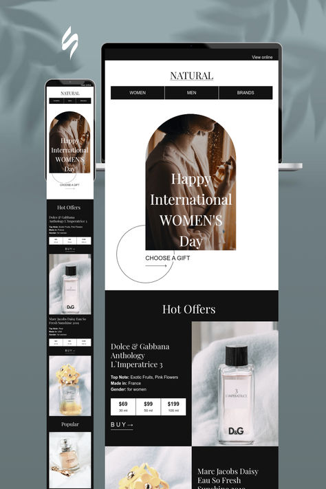 Women's Day Email Template «The best perfumes» for Beauty & Personal Care industry. Create eye-catching templates that leave a lasting impact.🌠🌟 Follow us on Pinterest for design and marketing hacks! 📈💌   #womensday #stripoemail #emailtips #emailnewsletter #emailtemplate #emaildesign #emailmarketing #emaildesignlayout Holiday Emails, Email Template Design, Marketing Hacks, Best Perfumes, Email Newsletter Design, Holiday Campaign, Email Branding, Email Template, Newsletter Design