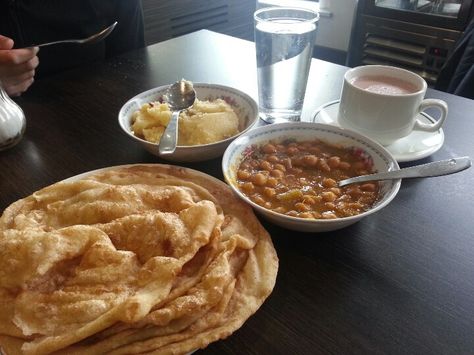 Desi breakfast...chana puri with soji and proper kashmiri tea, Sweet Centre, Bradford Bangladeshi Breakfast, Kashmiri Tea, Desi Breakfast, Bangladeshi Food, Breakfast Photography, Cultural Art, Pakistani Food, Desi Food, Apple Pie