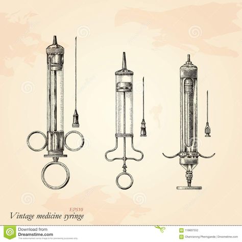 Antique Syringe, Syringe Tattoo, Syringe Drawing, Vintage Syringe, Medical Drawings, Evil Doctor, Medical Tattoo, Vintage Medicine, Vintage Medical