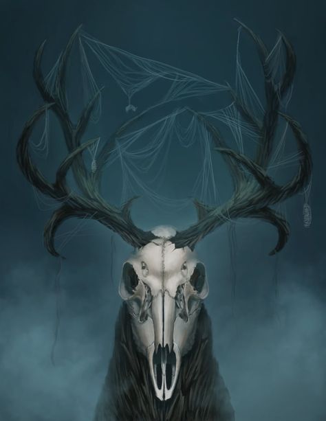 Deer Skull Painting by Rebecca Yee Deer Horror, Deer Skull Painting, Deer Demon, Deer Monster, Wendigo Art, Deer Skull Drawing, Aesthetic Deer, God Oc, Deer God