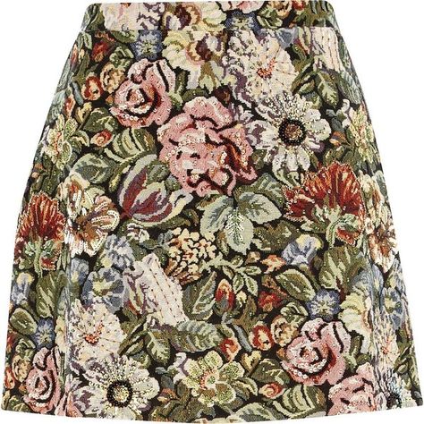 River Island Green tapestry A line skirt (£20) found on Polyvore Green Tapestry, Vintage Style Skirts, Brown Mini Skirt, Green Mini Skirt, Brown Skirt, Zipper Skirt, Skirt Short, Brown Skirts, A Line Mini Skirt