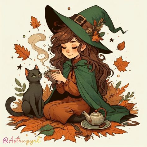 Cozy Autumn Drawing, Autumn Witch Art, Witchy Autumn Aesthetic, September Witch, Autumn Fairy Aesthetic, Autumn Fantasy Art, Autumn Digital Art, Spooky Character, Witch And Cat