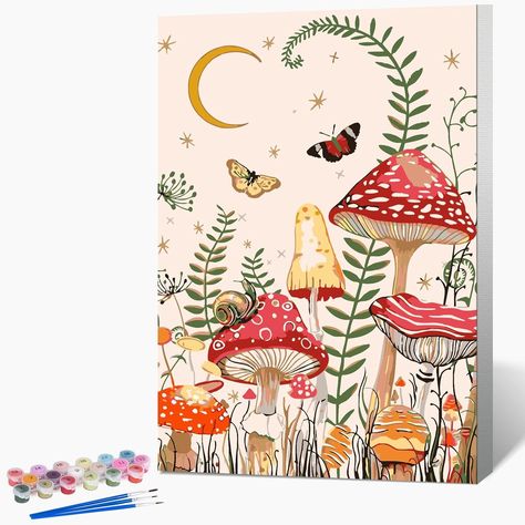 Amazon.com: Framed Paint by Numbers Kit for Adults Beginner, Easy Acrylic Paint by Numbers Kits on Canvas Framed 8x12 inch with Paints and Brushes, Moon Mushroom Forest Butterfly Spring Mushrooms, Easy Oil Painting, Forest Butterfly, Moon Mushroom, Paints And Brushes, Mushroom Painting, Acrylic Diy, Mushroom Paint, Mushroom Forest