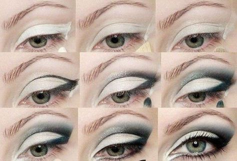 Black And White Eyeshadow, Smokey Eyes Tutorial, Cat Eye Makeup Tutorial, Blue Smokey Eye, White Eyeshadow, Make Up Tutorials, Smokey Eye Makeup Tutorial, Cat Eye Makeup, Smoky Eyes