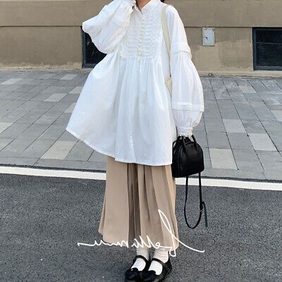 Collar type: stand collar. M: Dress length: 79cm Sleeve length: 70cm. L: Dress length: 80cm Sleeve length: 72cm. Sleeve Length: Long Sleeve. Clothing version: loose. XL: Length: 81cm Sleeve length: 74cm. China Summer Outfits, Japanese Fashion Women Casual, Japanese Outfits Casual, Loose Long Sleeve Dress, Japanese Fashion Women, Loose Dress Pattern, Korean Blouse, Pleated Shirt Dress, Mori Fashion