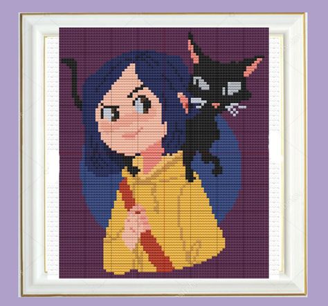 Coraline Cross Stitch Pattern. PDF Pattern https://etsy.me/41IJJnj #vyivanie #coraline #cross #stitch #pattern #pdf #embroidery #angulusacus Coraline Grid Pattern, Coraline Pixel Art Grid, Coraline Cross Stitch Pattern, Coraline Embroidery, Coraline Cross Stitch, Coraline Perler Beads, Coraline Characters, Crochet Totoro, Hamma Beads Ideas