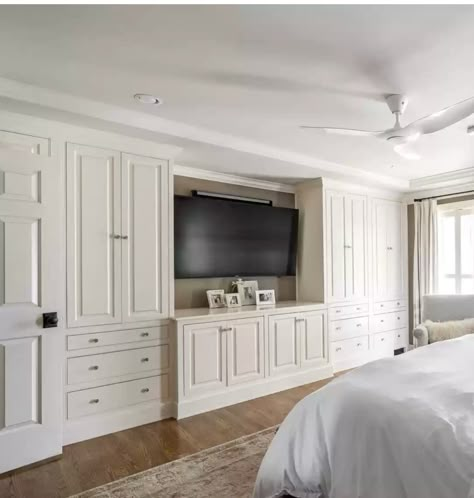 Built In Drawers In Wall Bedroom, Bedroom Storage With Tv, Built In Dresser In Bedroom Master Suite With Tv, Built In Bedroom Cabinets Master Suite Ideas, Large Bedroom Ideas Master Suite With Tv, Custom Cabinets Bedroom, Full Wall Wardrobe With Tv, Tv In Bedroom Closet, Built In Dresser In Bedroom With Tv