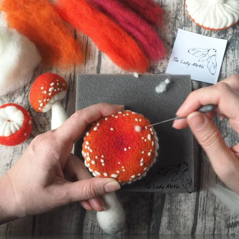 Toadstools - video tutorial accessible via Facebook group | The Lady Moth Moth Video, Felted Figures, Woodland Crafts, Gnome Houses, Felt Mushroom, Autumn Diy, Mushroom Crafts, Felting Diy, Fairy Drawings