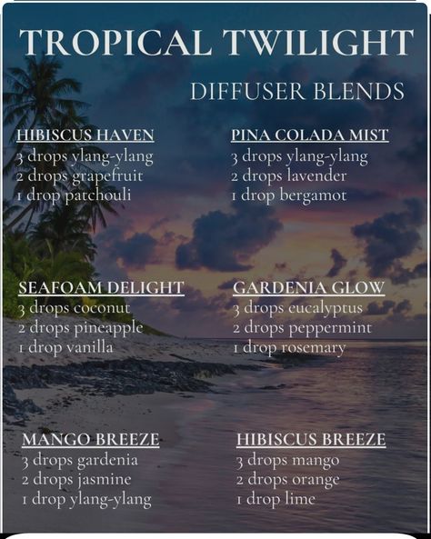 Tropical Essential Oil Blend, Tropical Diffuser Blends, Beach Diffuser Blends, Essential Oil Combos, Candle Blends, Perfume Blends, Scent Blends, Relaxing Essential Oils, Essential Oil Combinations