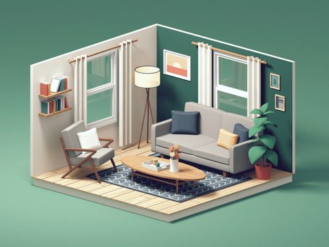 3d Living Room, Small Space Interior Design, Isometric Art, Isometric Design, 3d Modelle, Decoration Inspiration, Interior Design Studio, Low Poly, Decoration Design