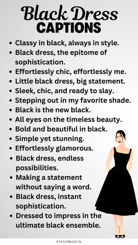 50 Black Dress Captions And Quotes For Instagram - StatusBuzz Black Outfit Quotes Classy, Black Clothes Caption, Black Outfits Quotes, Dress To Impress Quotes, Black Dress Quotes Classy, Black Dress Quotes Instagram, Black Clothes Quotes, Dress Quotes Instagram, Dress Quotes Classy