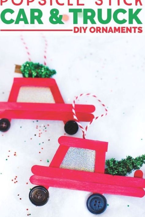 Easy DIY popsicle stick Christmas ornaments. Make your own car with Christmas tree or truck with Christmas tree ornaments with this step-by-step tutorial.#christmas #christmascrafts #diychristmas #christmasornaments #holidaycrafts #diyornaments #popsicles Popsicle Stick Christmas Ornaments, Stick Christmas Ornaments, Popsicle Stick Ornaments, Truck Diy, Diy Popsicle, Christmas Traditions Family, Homemade Ornaments, Diy Ornaments, Popsicle Stick Crafts