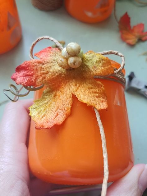 add fall details Upcycling Oui Jars, Fall Oui Jar Crafts, Oui Yogurt Jars Ideas Diy Fall, Oiu Jars Crafts, Oui Yogurt Jars Ideas Diy Christmas, Oui Jar Crafts, Oui Yogurt Jars Ideas Diy, Oui Crafts, Oui Yogurt Jars Ideas