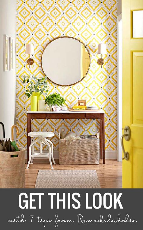 Accent Wall Hallway, Wallpaper Accent Wall Bathroom, Accent Wall Entryway, Hallway Wallpaper, Vibeke Design, Bathroom Accent Wall, Entryway Table Decor, Entryway Mirror, Yellow Bedding