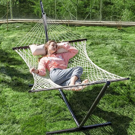 Free Standing Hammock, Double Hammock With Stand, Patio Upgrade, Rope Hammock, Backyard Hammock, Hammock Bed, Double Hammock, Hammock Stand, Comfortable Pillows