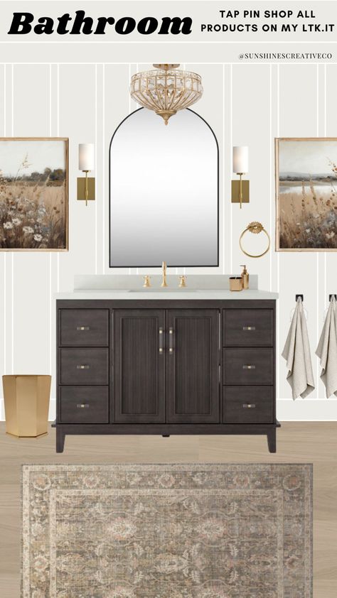 Moody Neutral Bathroom, Bathroom Studio Mcgee, Transitional Powder Room Ideas, Transitional Powder Room, Bathroom Moodboard, Half Bathroom Design, Modern Traditional Bathroom, Traditional Powder Room, Bathroom Mood Board